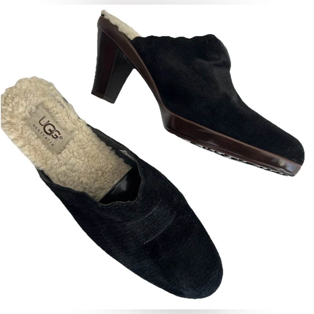 UGG Australia Women’s 8.5 Mules Black Leather Wool Lined High Heel